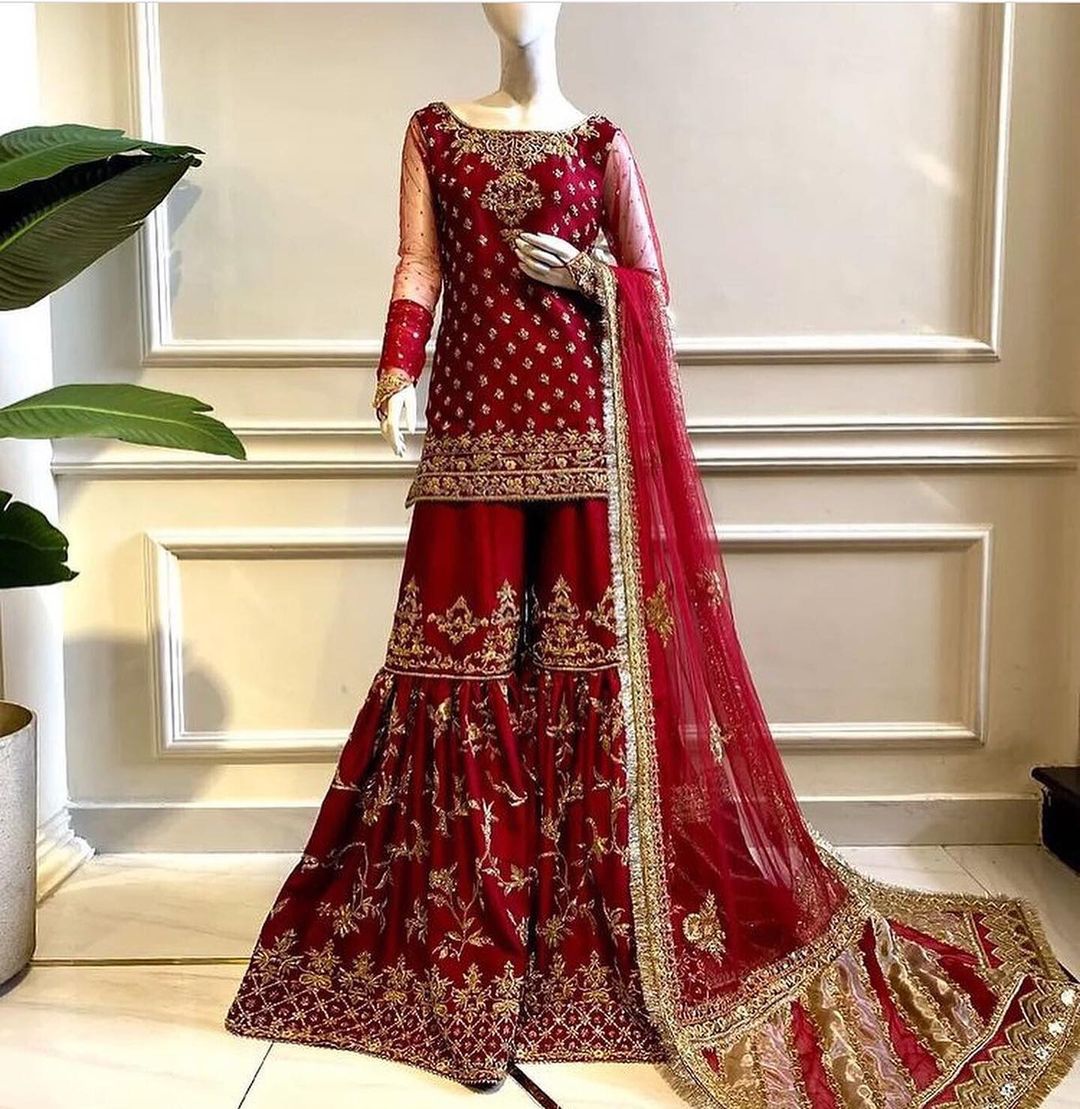 Red Bridal Sharara with Golden Embroidery - DN-2002