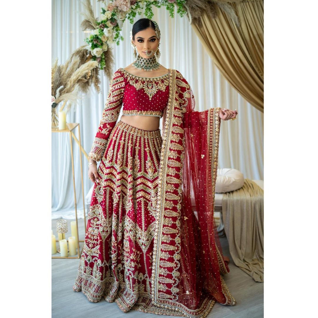 Wedding Rani Pink Bridal Lehenga With Crop Top and Embellishment - DN-1986