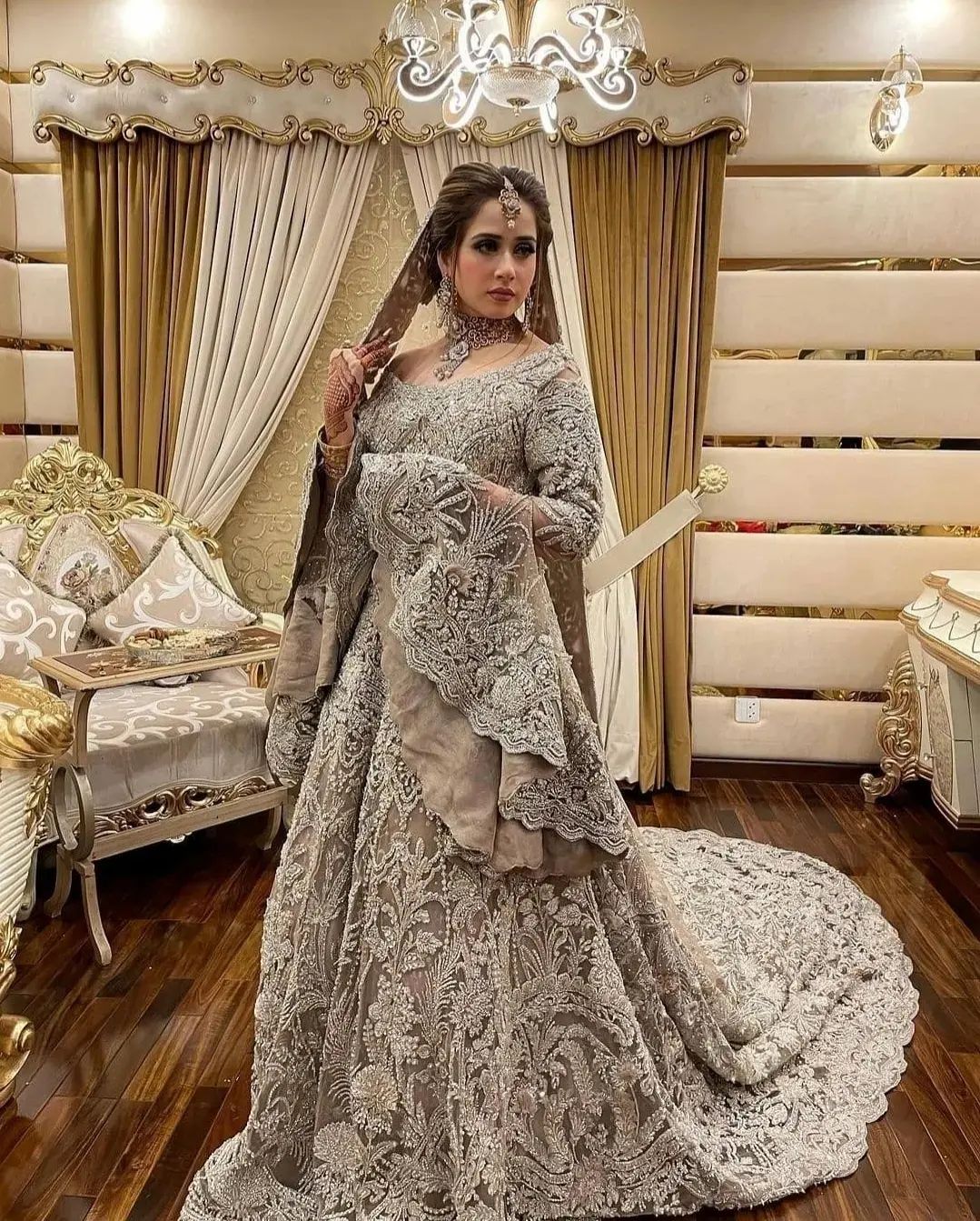 Ivory Designer Embroidered Pakistani Waleema Long Trail Gown - DN-1567
