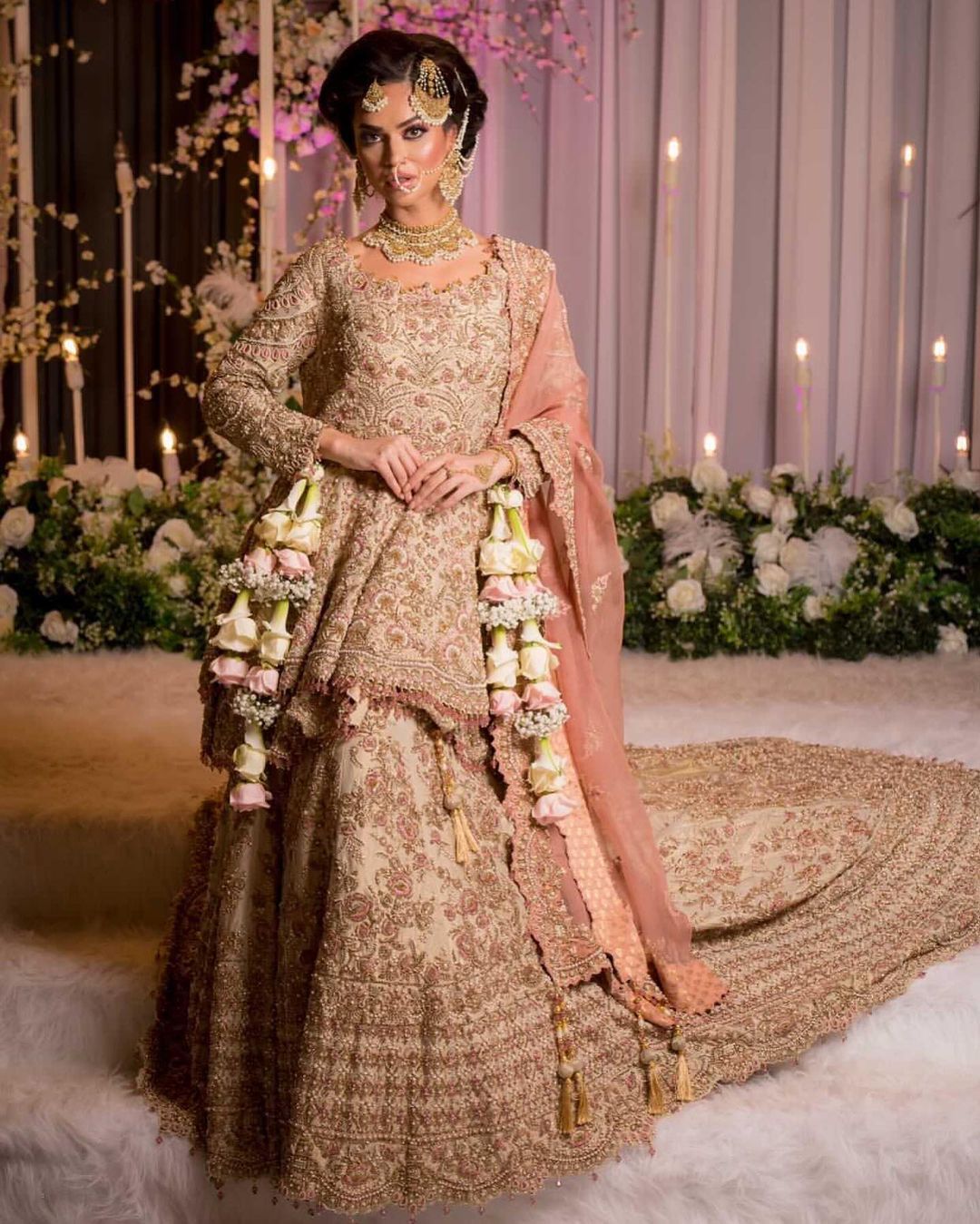 Ivory Designer Pakistani Waleema Long Trail Lehenga with Peplum and Embellishment - DN-1528