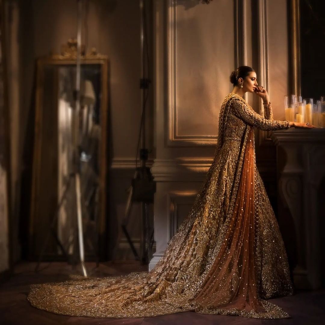 Classy Golden Pakistani Bridal long Trail Gown with Embroidery and pearl work Bespoke - DN-1164