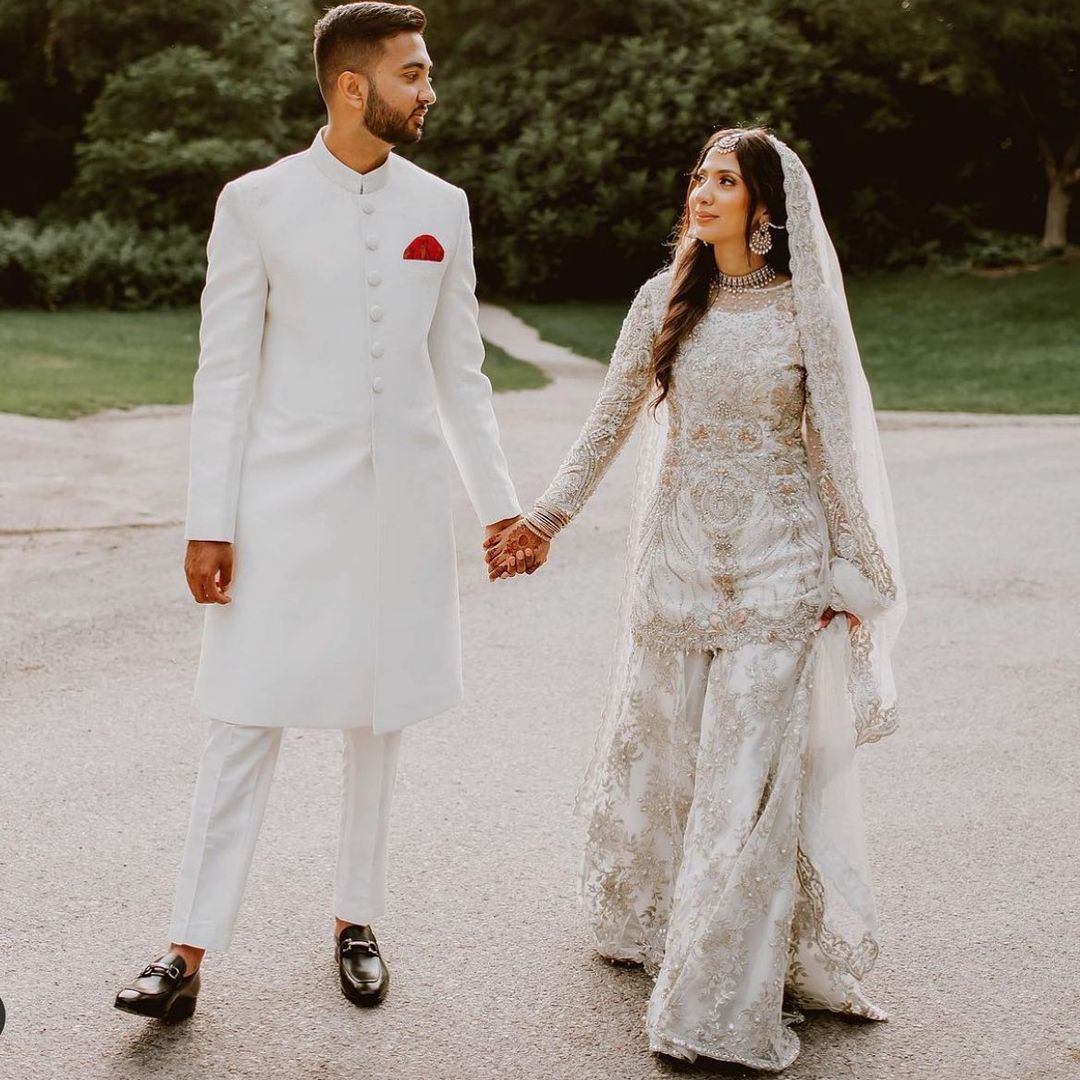 White Designer Wedding Sharara with Golden Embroidery Bespoke - DN-1205