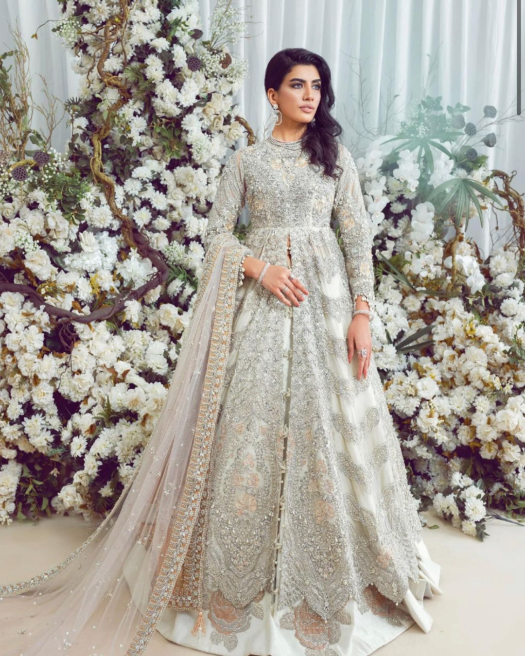 Designer Reception Ivory Long Split Jacket with Skirt and Embellishment - DN-1517