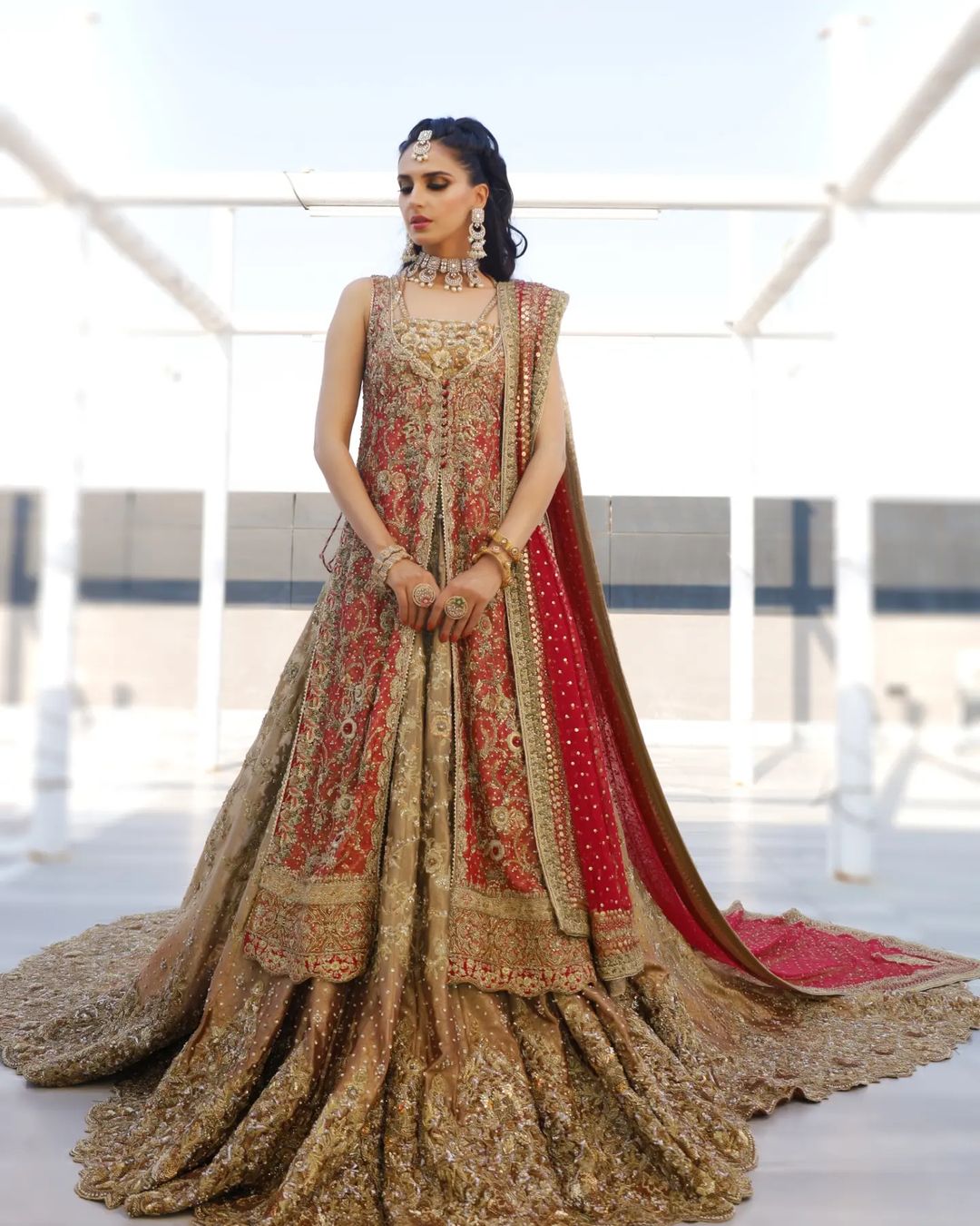 Designer Pakistani Golden Embroidered Split Half Jacket with long Trail Lehenga - DN-1598
