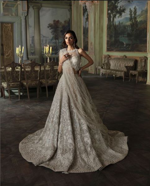 Pakistani Bridal Long Dress Bollywood Indian White trail gown - DN-1095