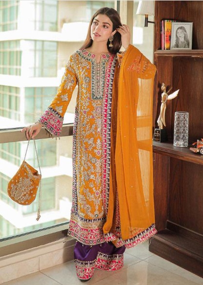 Regal Mustard Embroidered Pakistani - DN-1044