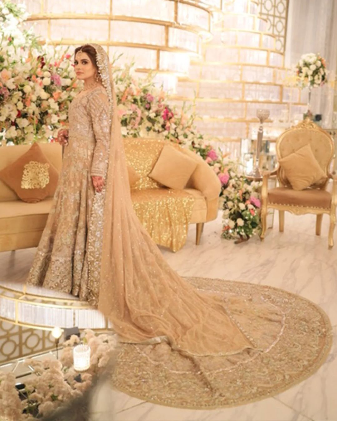 Pakistani Golden Designer Walima Gown with Embroidered Long Trail - DN-1586