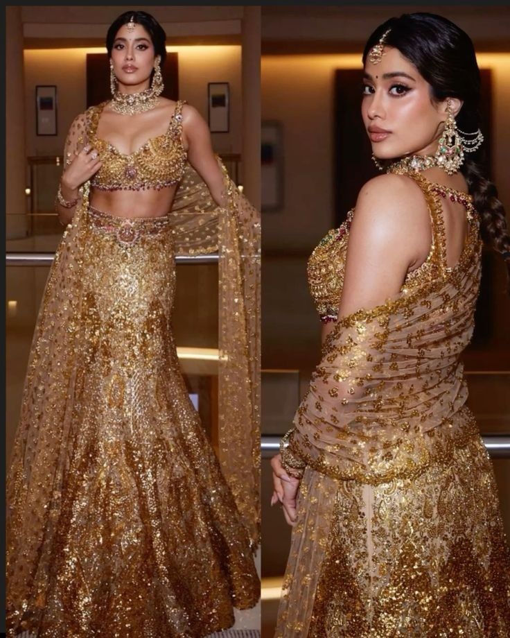 Janhvi Kapoor Inspired Golden Lehenga Shines in Gorgeous Golden Falguni Shane Peacock Lehenga - DN-3019