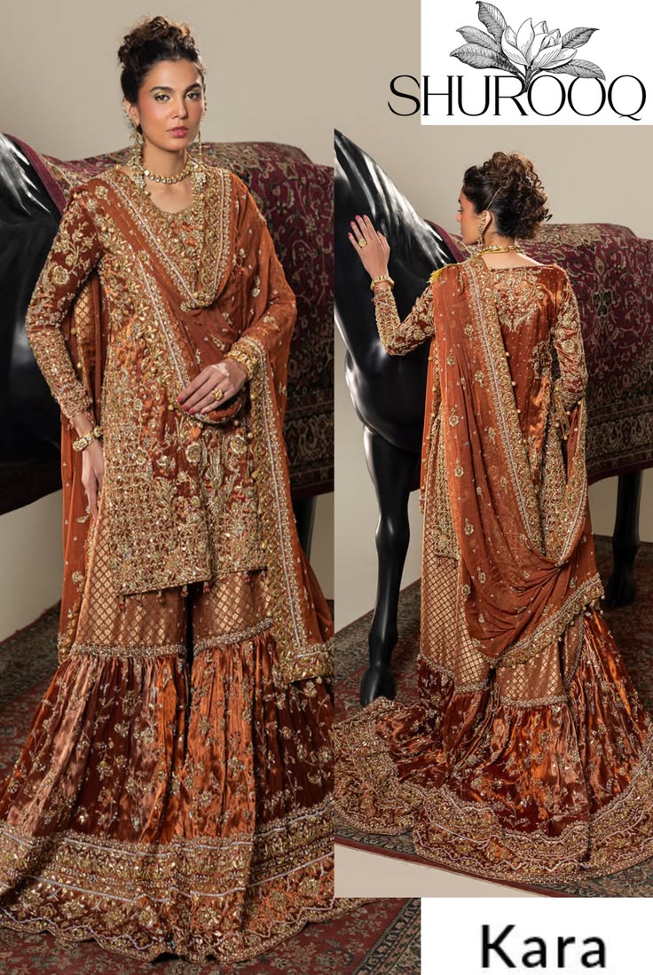 Golden Copper Farshi Gharara – Heavy Zardozi Handwork Wedding & Bridal Party Wear Suit - DN-1009