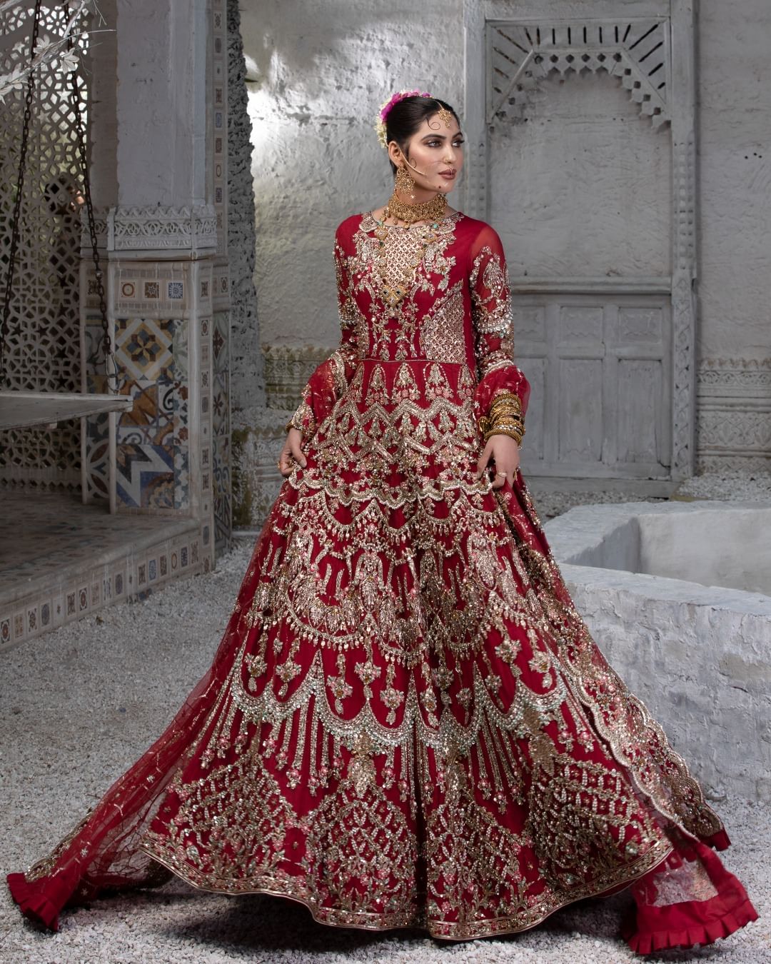 Red Partywear Wedding Anarkali with Golden Embroidery - DN-1469