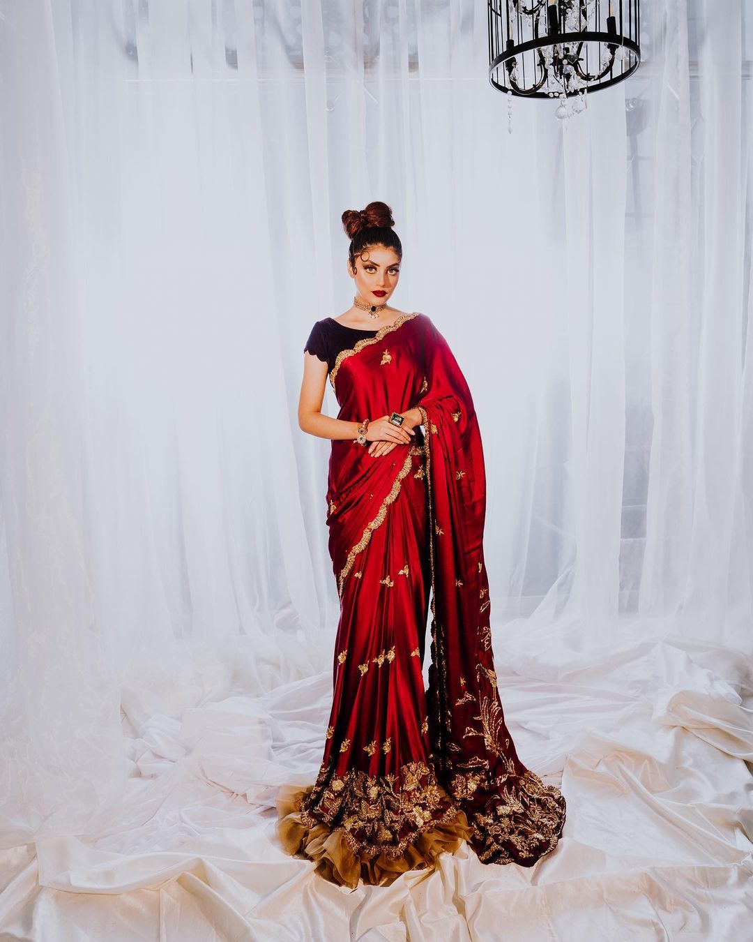Maroon Designer Partywear and Reception Saree with Golden Embroidery Bespoke - DN-1174