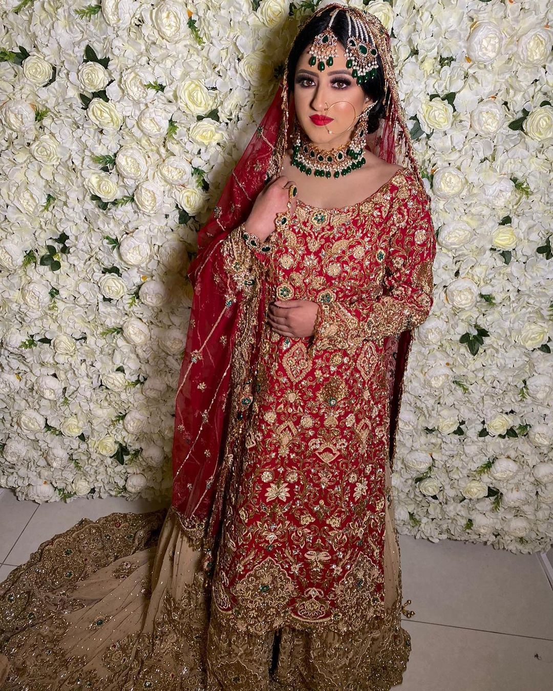 Designer Golden Pakistani Nikaah Long Trail Lehenga with Red kurti and Embellishment - DN-1453