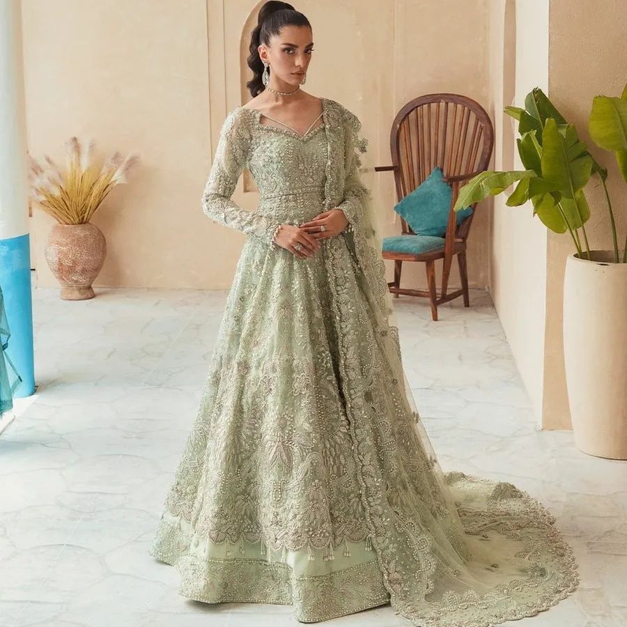 Ivory Designer Pakistani Wedding and Reception Embroidered Anarkali with lehenga and Bespoke - DN-1149