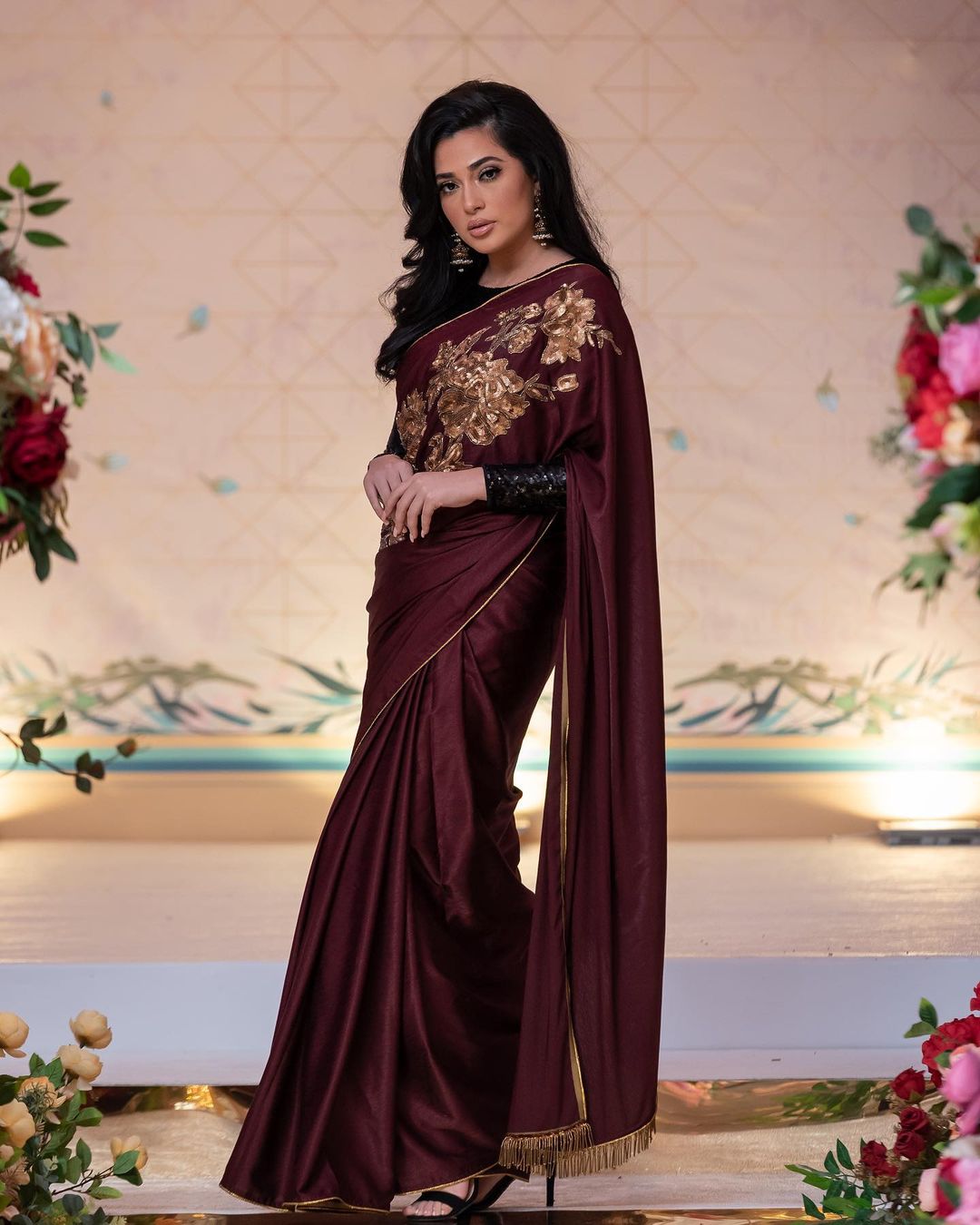 Brown Designer Partywear Saree with Golden Embroidery Bespoke made to order - DN-1298