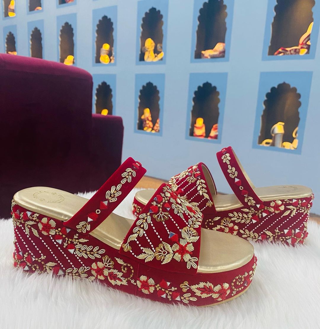 Red Wedding and Partywear Designer Wedge with Embroidery Bespoke made to order - DN-1292