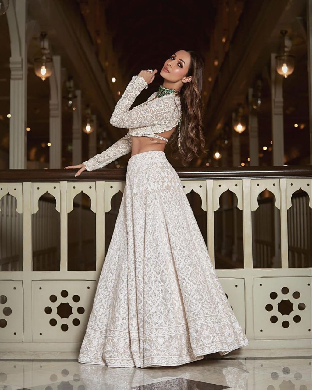 Bollywood Actress Malaika Arora Wear Designer White Wedding lehenga with Embroidered full Sleeves Top made to order - DN-1303