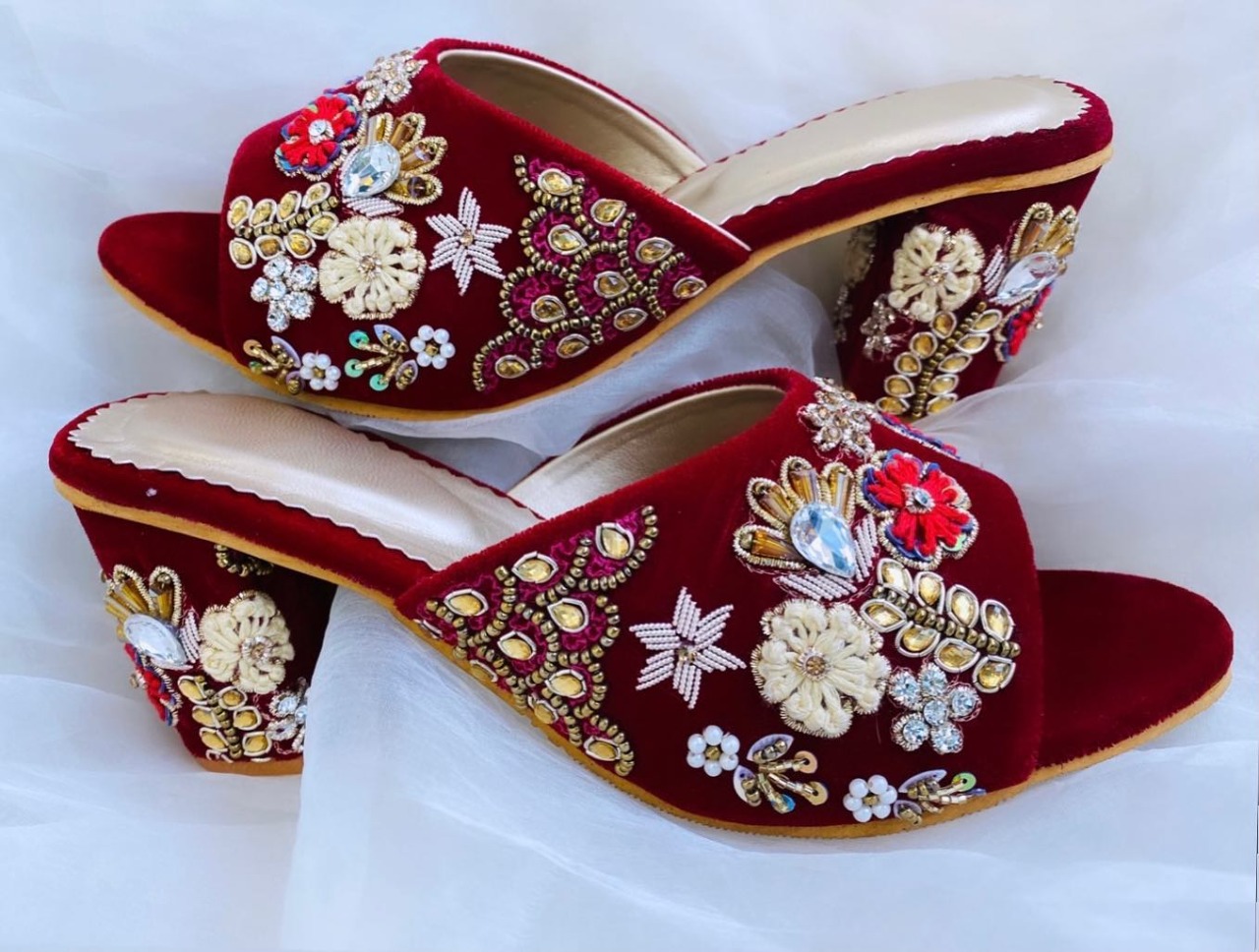 Maroon bridal mid heels sandal with handmade embroidery - DN-2061