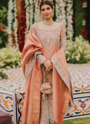 Peach sharara suit with square neckline, embroidered sleeves and silver thread handwork, styled with a potli bag Peach sharara suit with square neckline, embroidered sleeves and silver thread handwork, styled with a potli bag