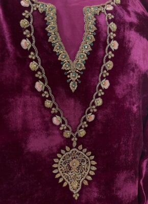 Wine crushed velvet suit with gold zardozi V-neck and necklace style pendant embroidery, KSHKIN luxury designer wear