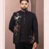 Bandgala Jodhpuri jacket with asymmetrical front embroidery and fitted pants