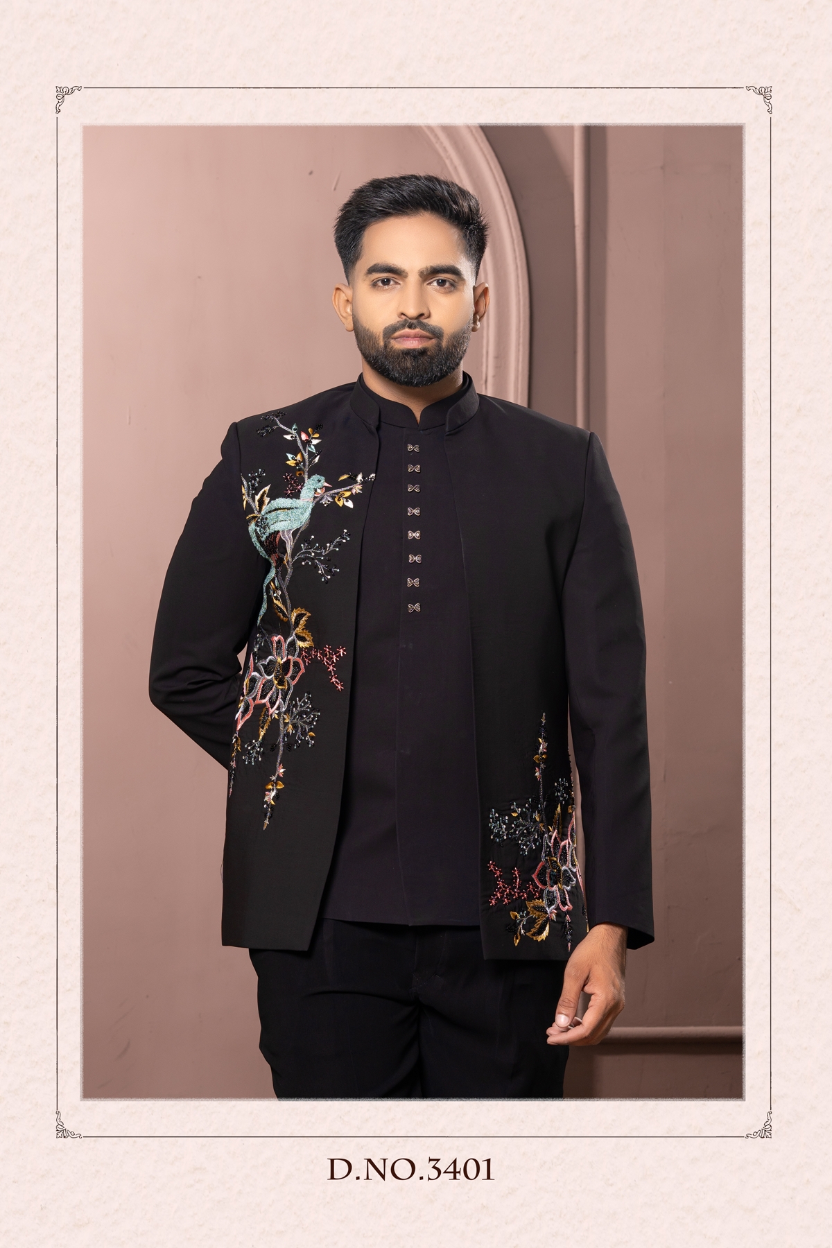 Bandgala Jodhpuri jacket with asymmetrical front embroidery and fitted pants