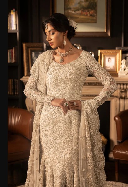 White beaded mermaid bridal lehenga gown