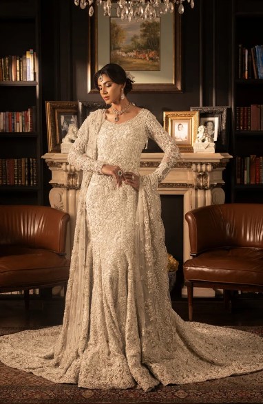 Handcrafted white heavy embroidery bridal wear