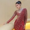 Handcrafted red net saree featuring cutdana and sitara work