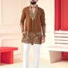 Designer golden beige silk kurta with intricate gold zari work and trousers