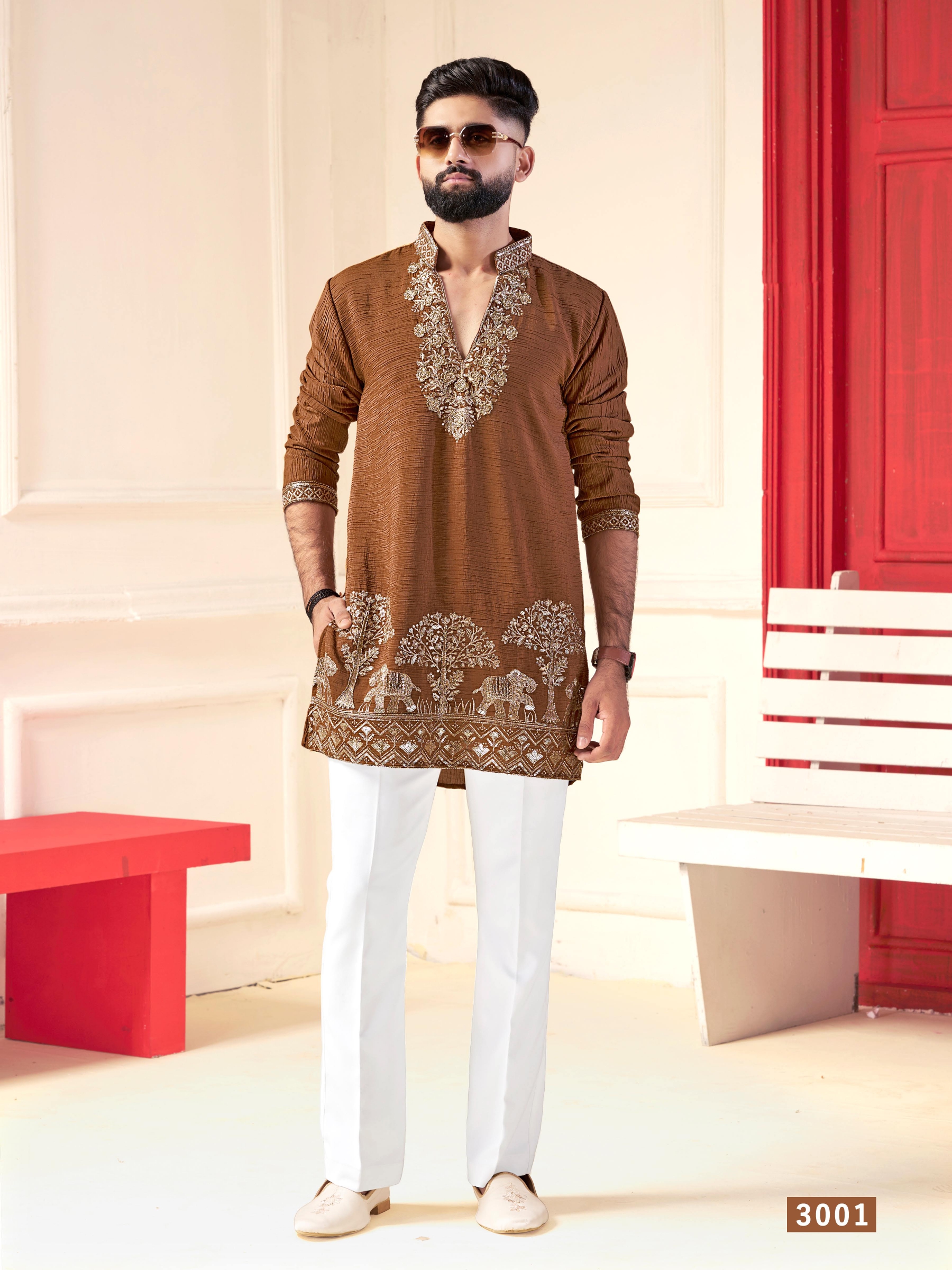 Designer golden beige silk kurta with intricate gold zari work and trousers