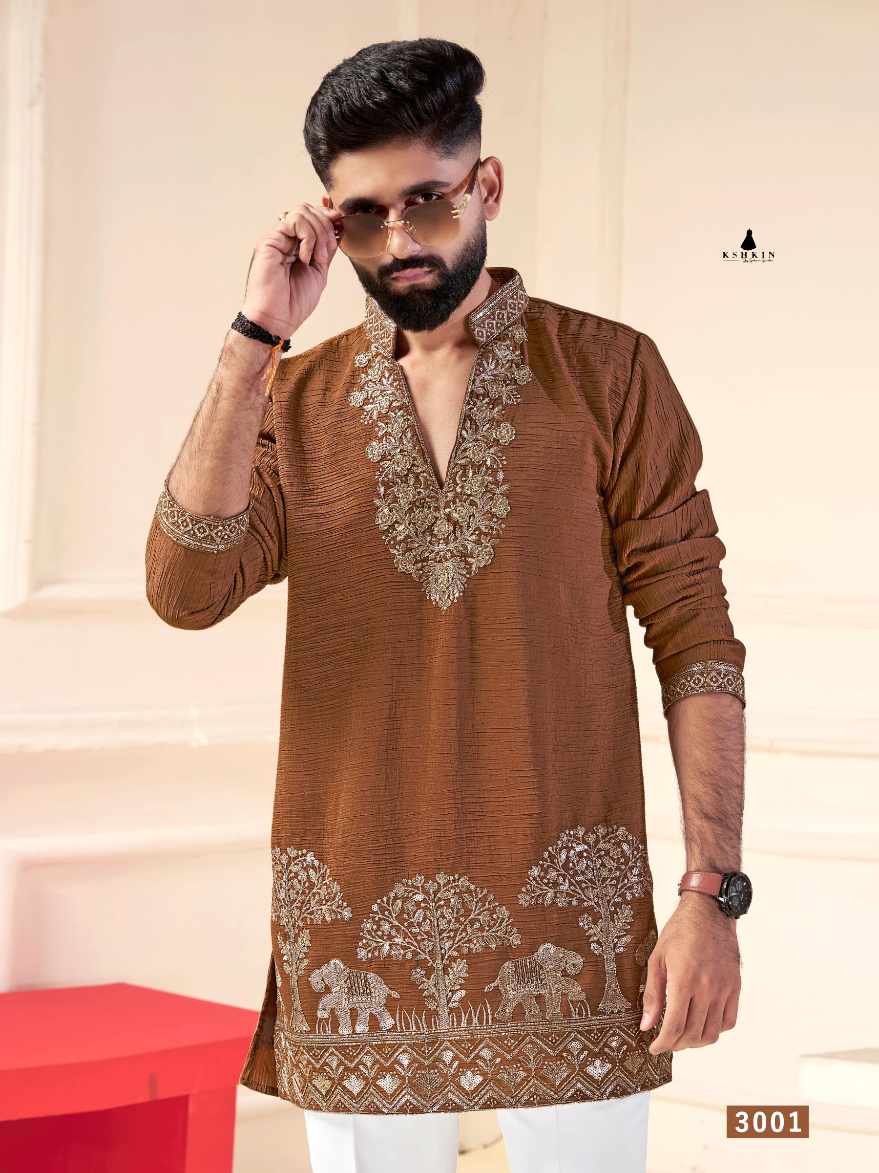Premium Brown silk party wear kurta pajama set with gold zari embellishments