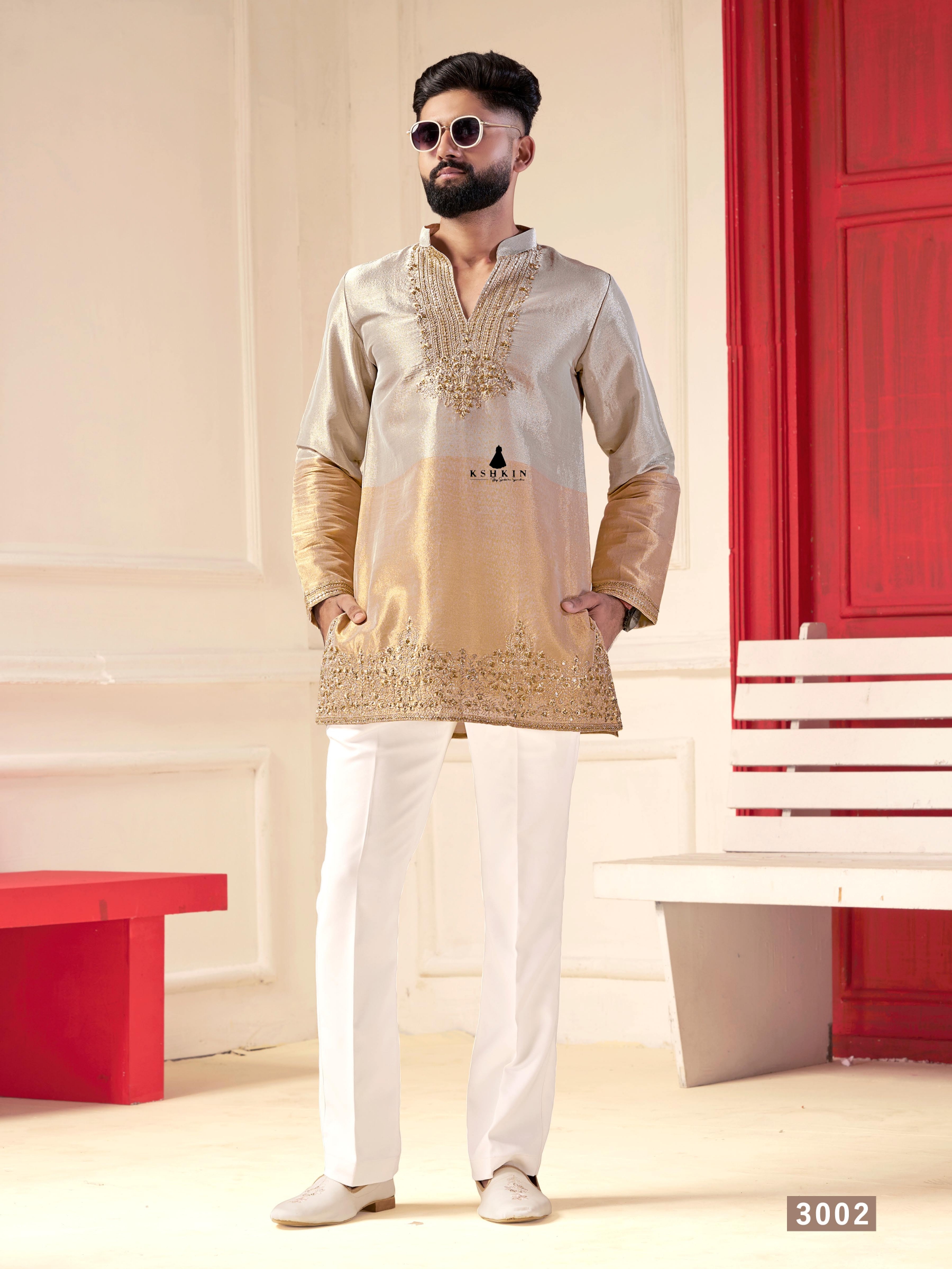 Men's White Golden zari work silk kurta set with pant for sangeet and festive occasions