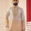 Hand-embroidered Golden Beige silk men's festive kurta set with trousers
