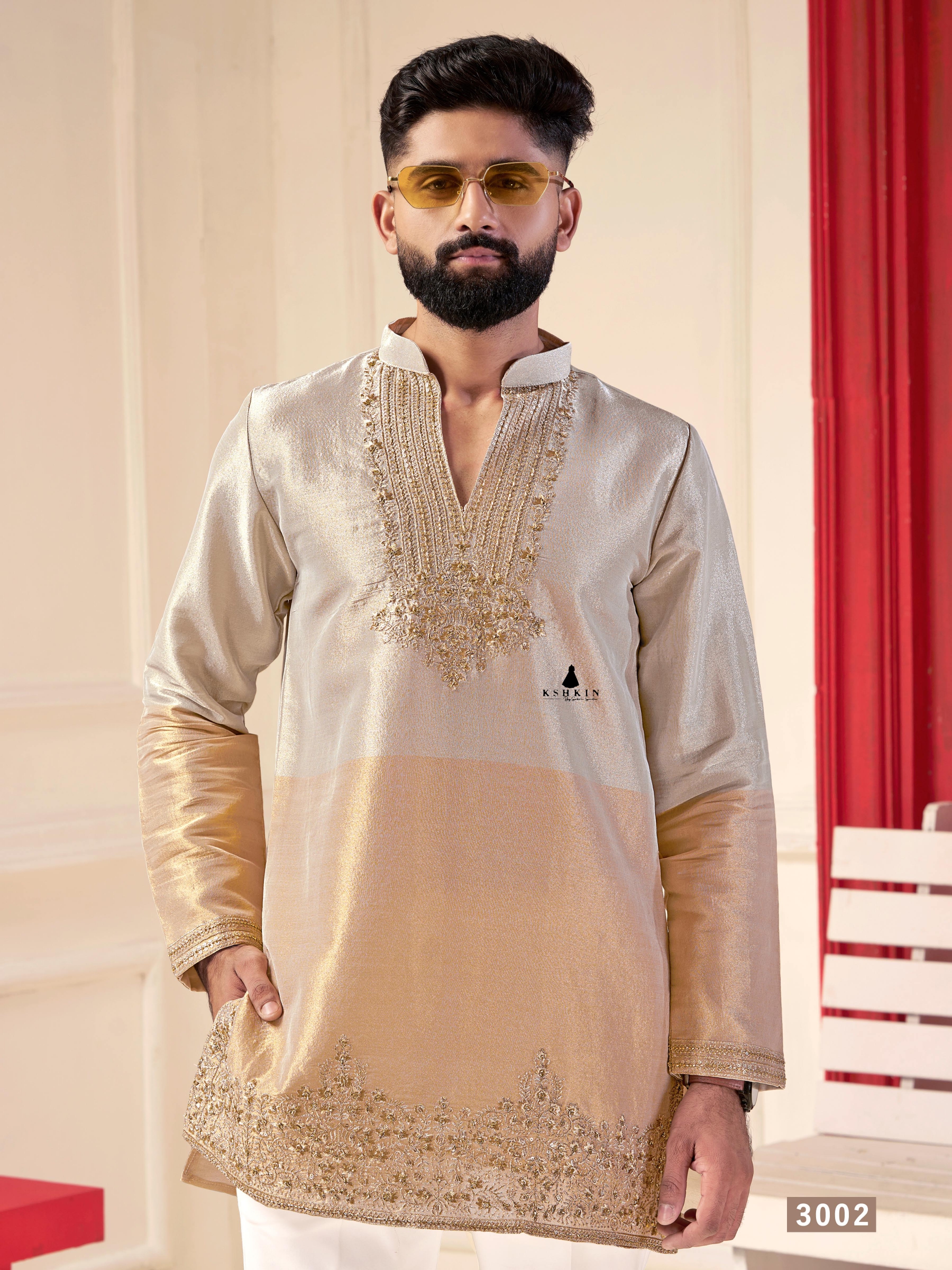 Hand-embroidered Golden Beige silk men's festive kurta set with trousers