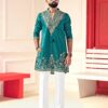 Men's teal green silk two-piece kurta set with matching trousers for festive wear