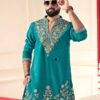 Teal green silk kurta set with intricate gold zari embroidery for men party wear