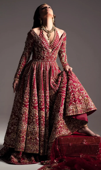 Indian bridal red outfit portrait with intricate handcrafted zardozi details