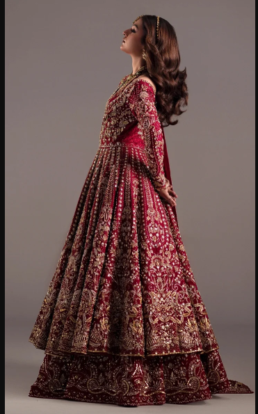 Luxury red bridal outfit with Dabka and Tilla work