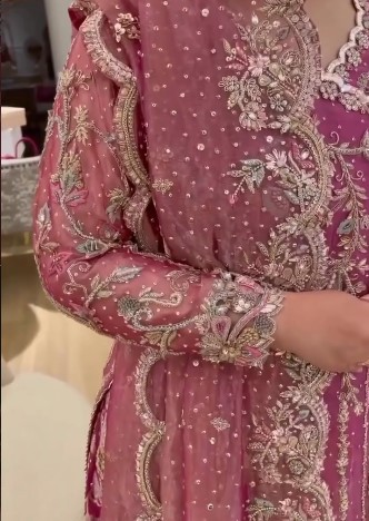 Pink long Angrakha suit with flared plazo for party wear