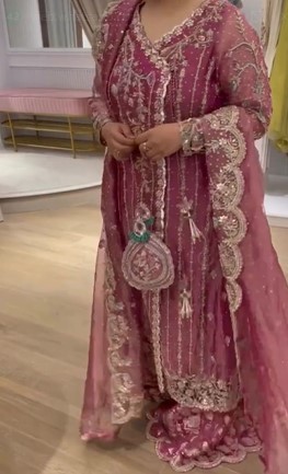 Pink handmade Angrakha suit with long kurti and matching plazo for women party wear