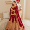 Luxury bridal wear red anarkali-style long choli lehenga with tilla work