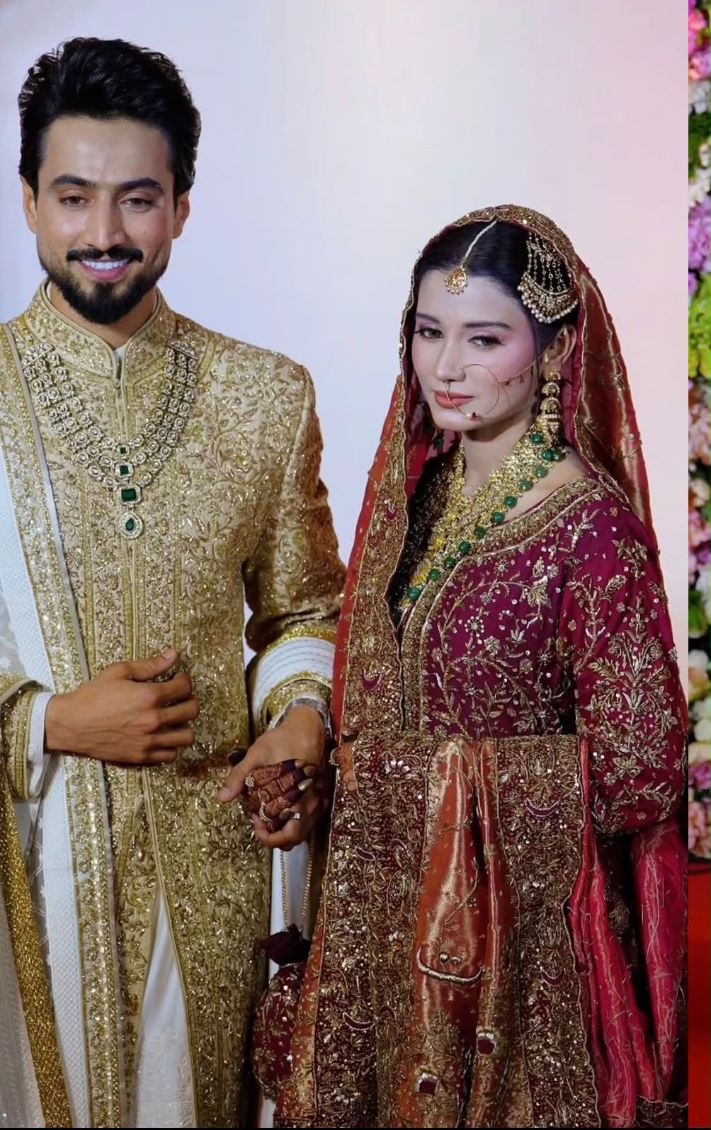 Mr. Faisu wife bridal dress featuring luxurious golden zamavar and heavy zardosi embroidery