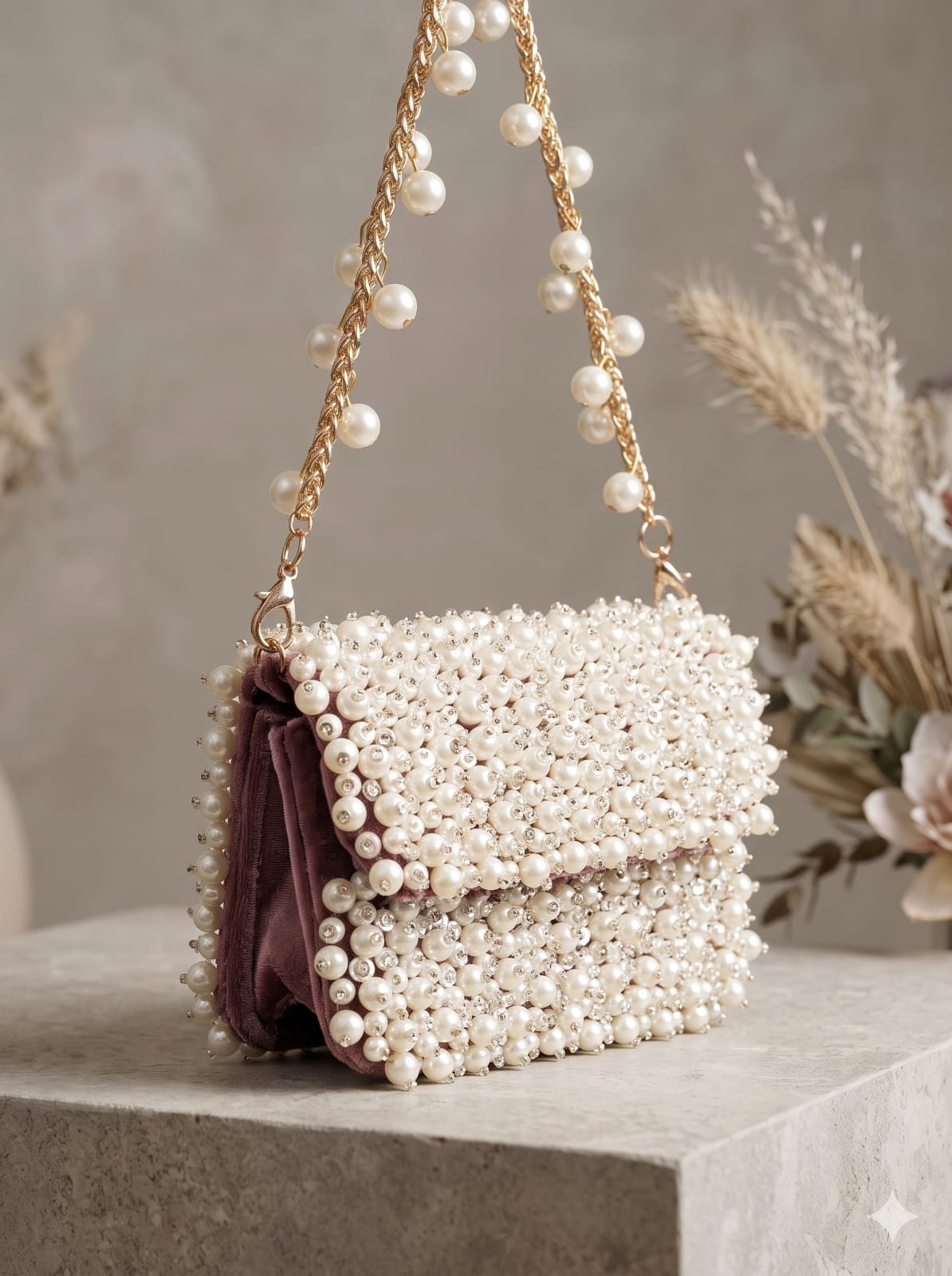 Elegant miniature pearl flap clutch for weddings and parties