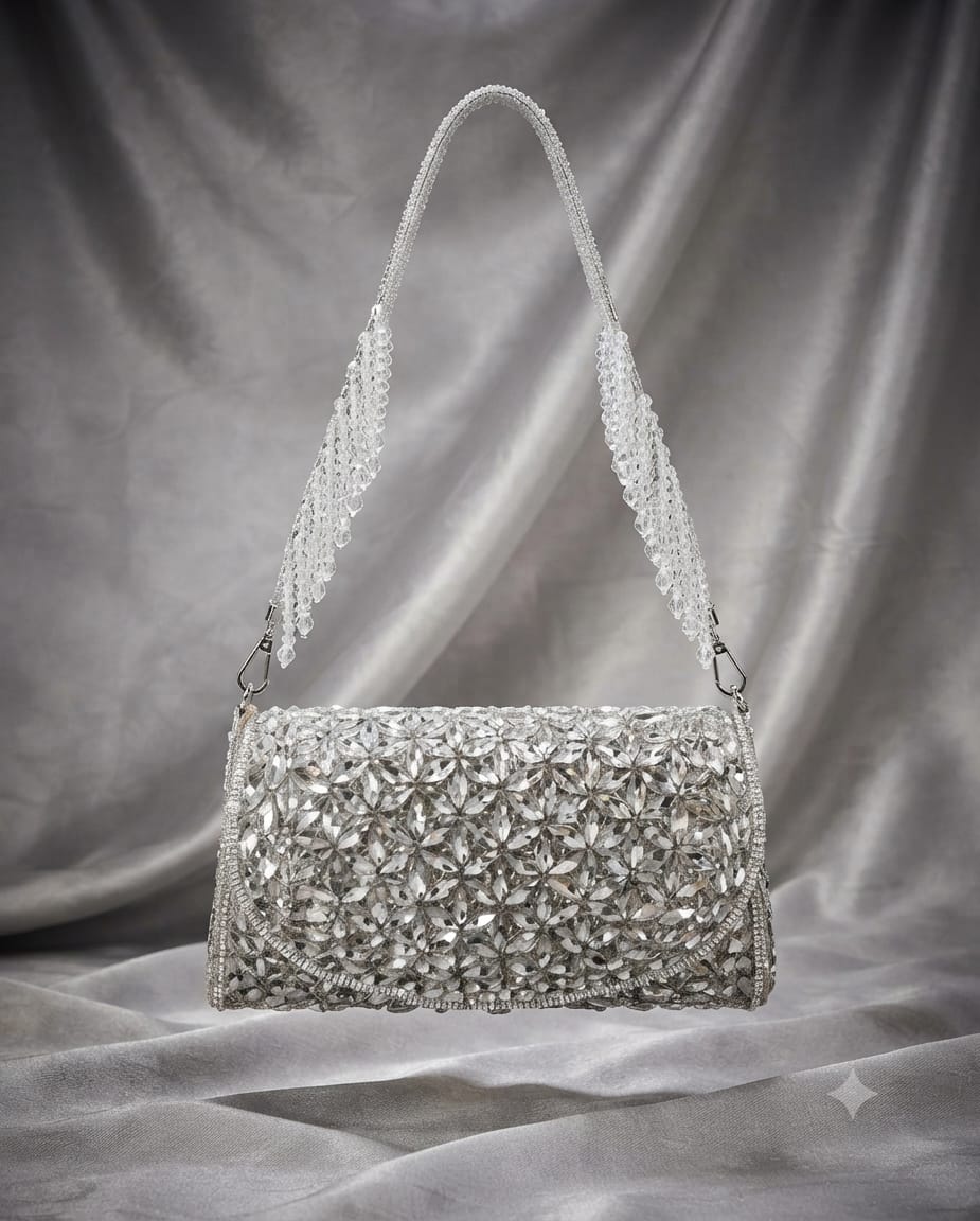 Silver traditional Indian Zardosi bridal clutch bag
