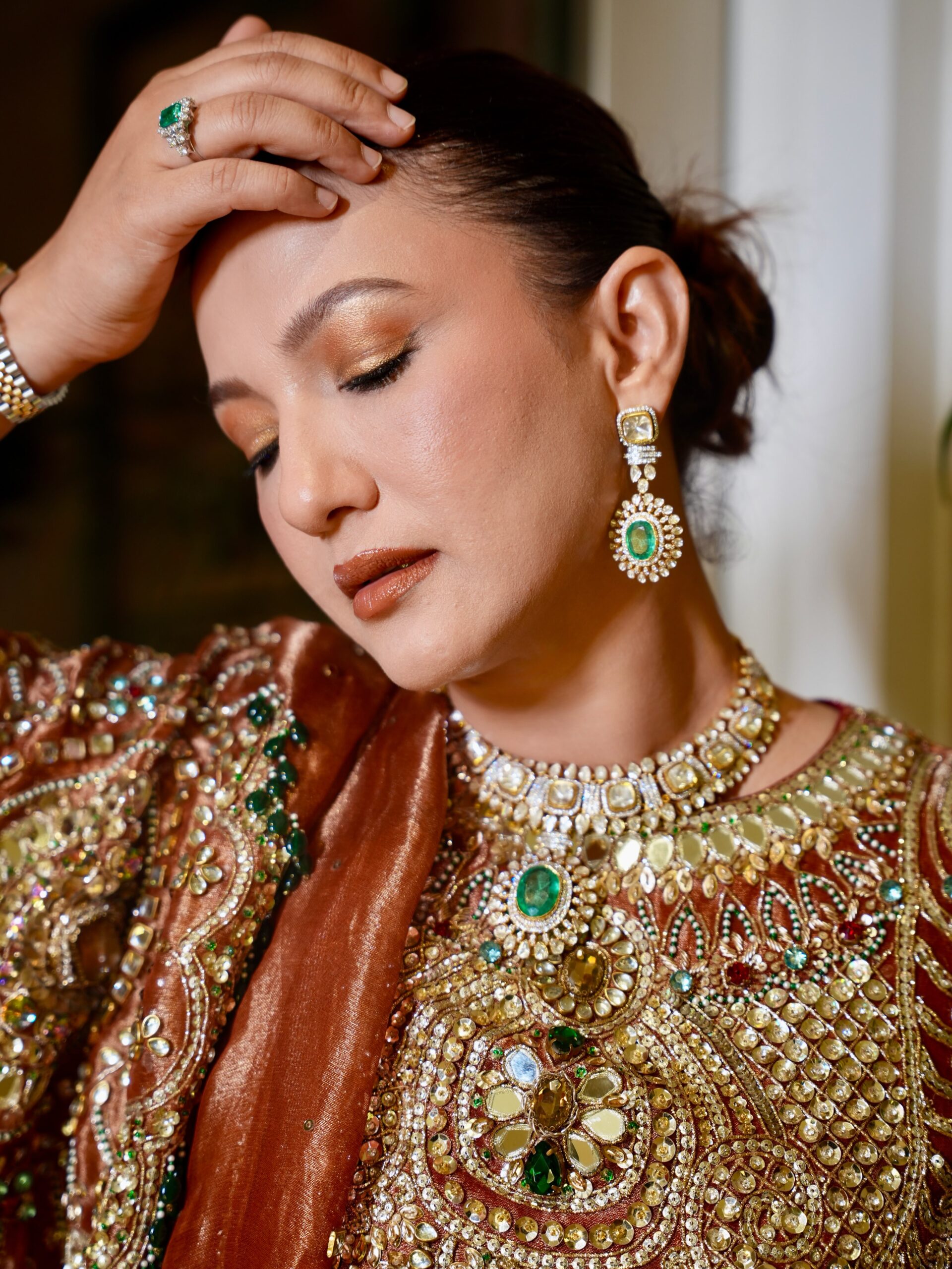 Close-up of intricate hand embroidery on Gauahar Khan style festive suit