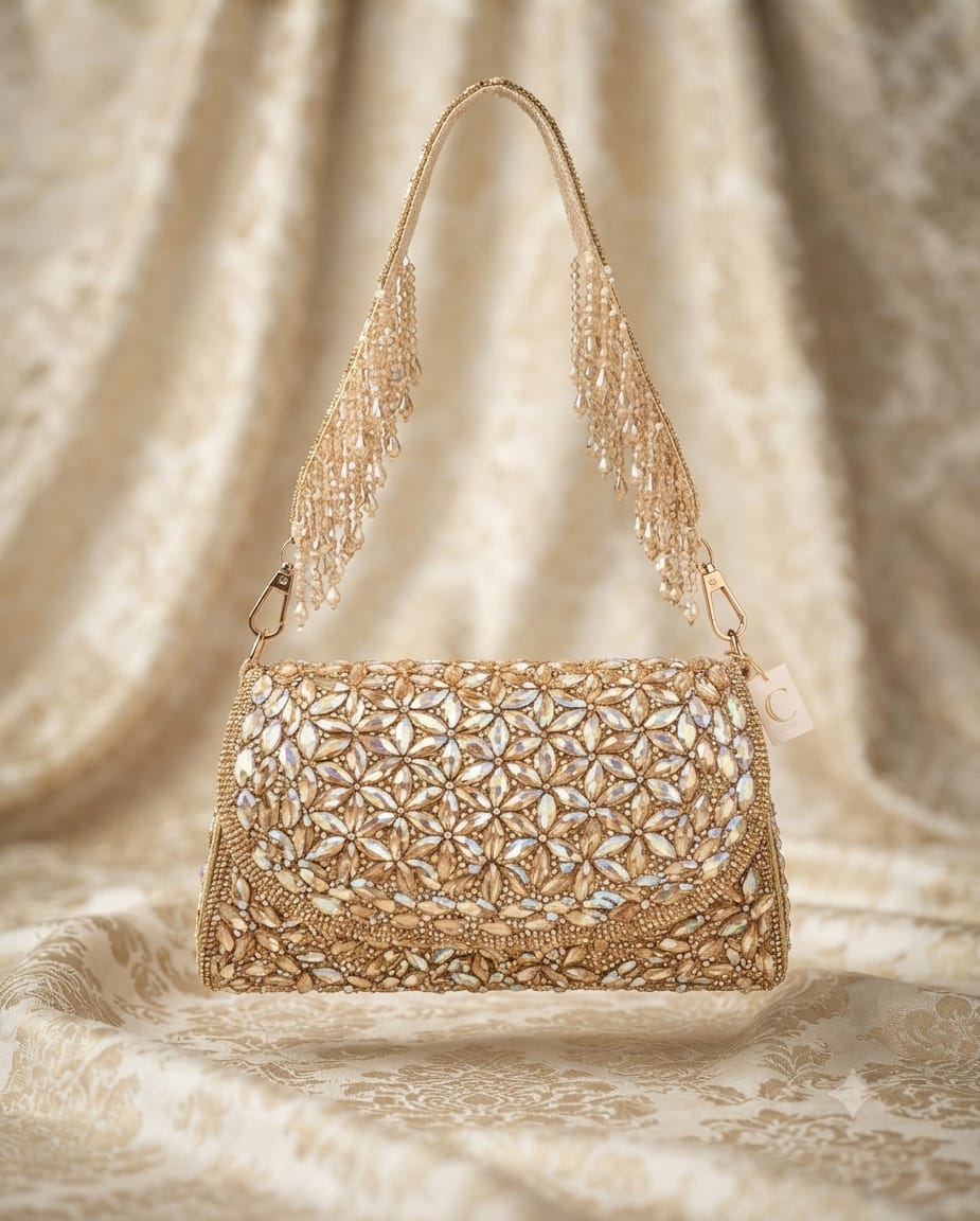 Hand-embroidered golden Zardosi wedding clutch by Kshkin