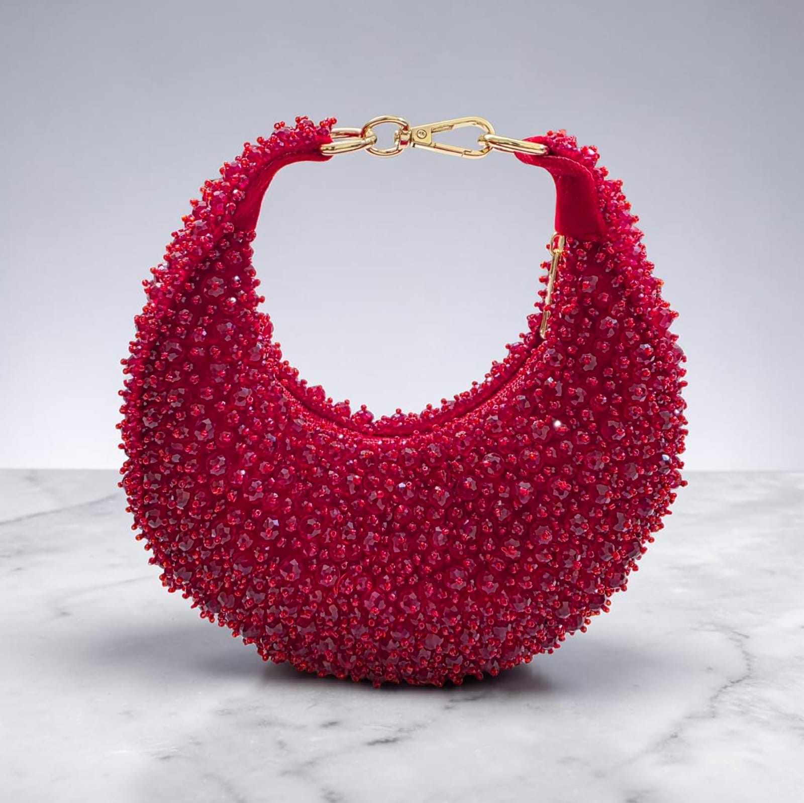 Handcrafted luxury crystal beaded crescent evening clutch bag for weddings and parties