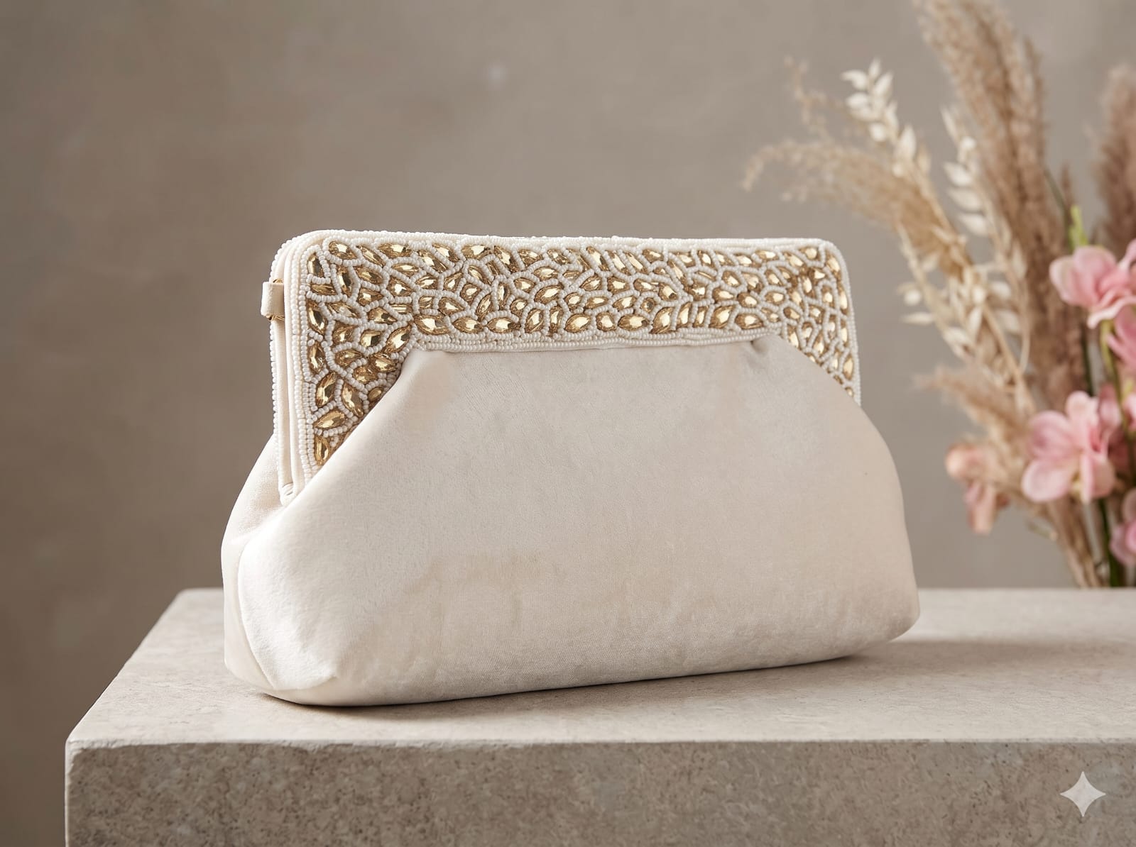 Elegant stone suede clutch featuring a stunning shell embellishment