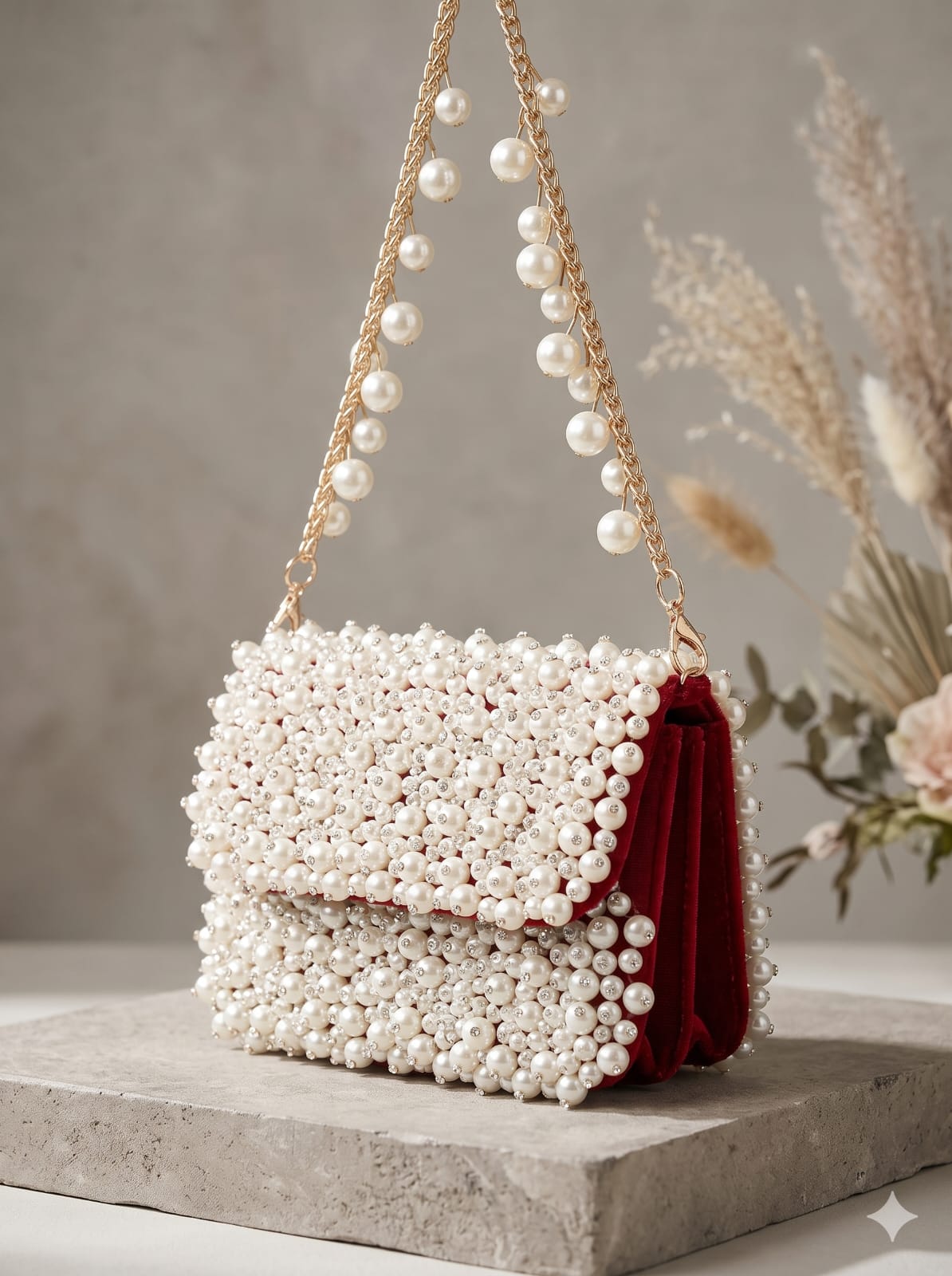Compact pearl mini flap clutch showcasing exquisite beadwork